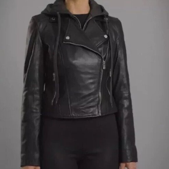 Bod & Christensen Amber Black Leather Moto Jacket w/ Removable Hoodie MSRP $590 - Picture 3 of 16